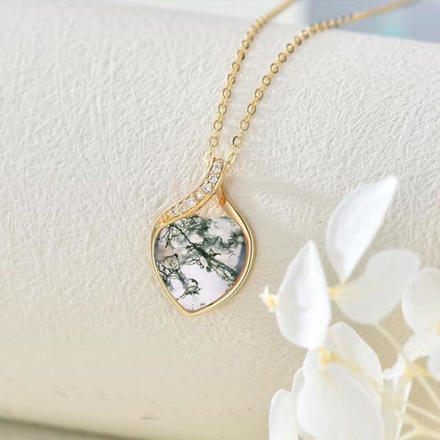 14K Gold Diamond & Moss Agate Heart Pendant Necklace-2