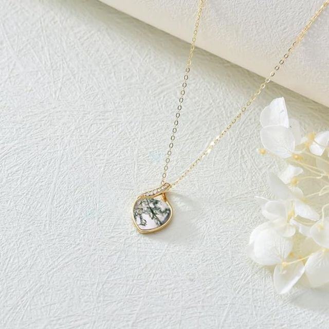 14K Gold Diamond & Moss Agate Heart Pendant Necklace-3
