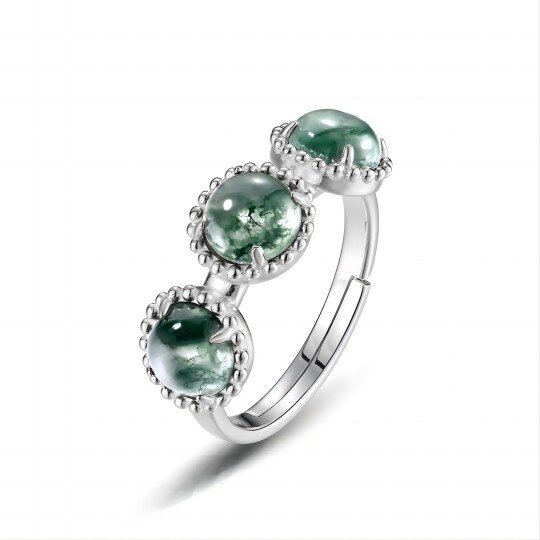 Sterling Silver Circular Shaped Moss Agate Round Open Ring