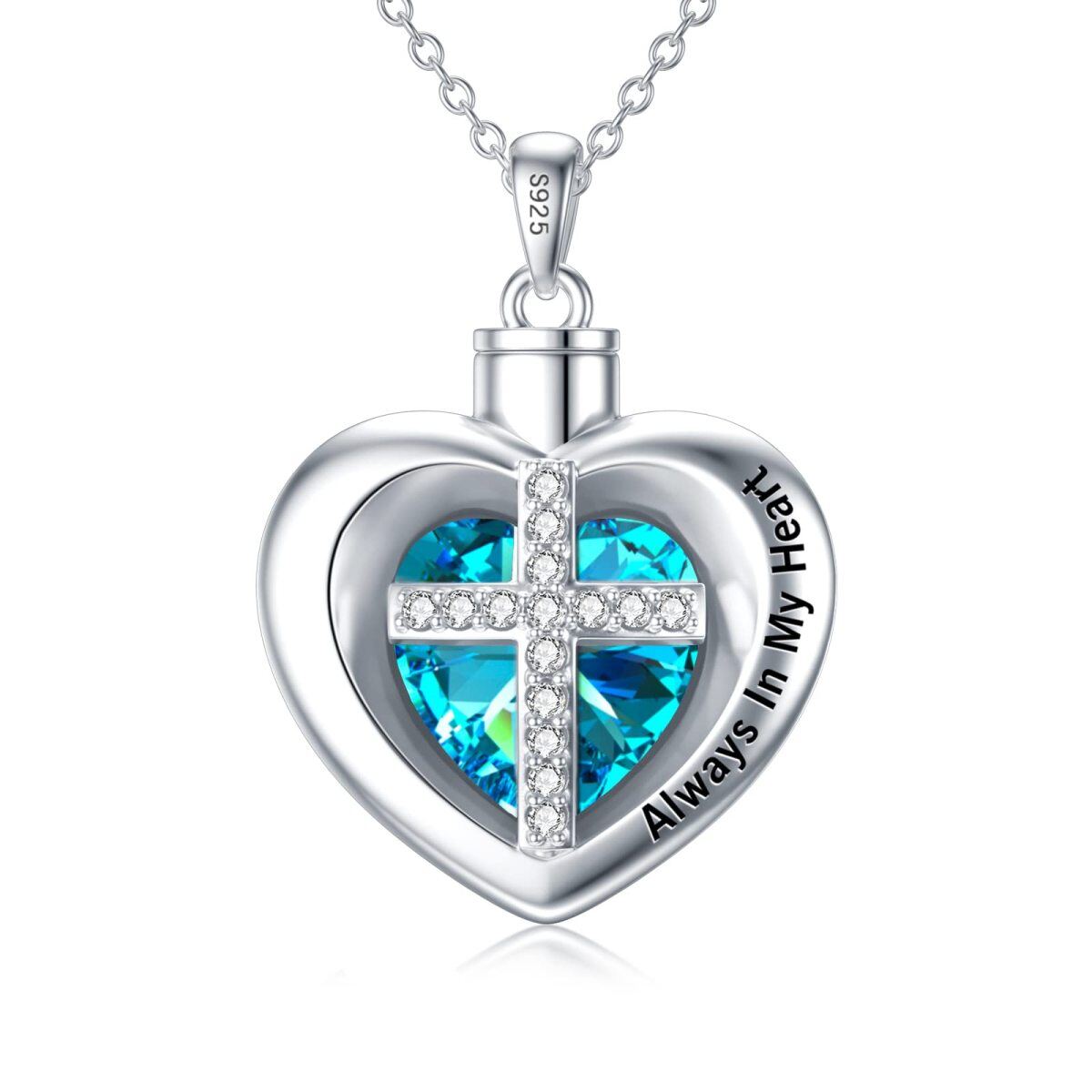 Sterling Silver Heart Shaped Crystal Cross & Heart Urn Necklace for Ashes with Engraved Word-1