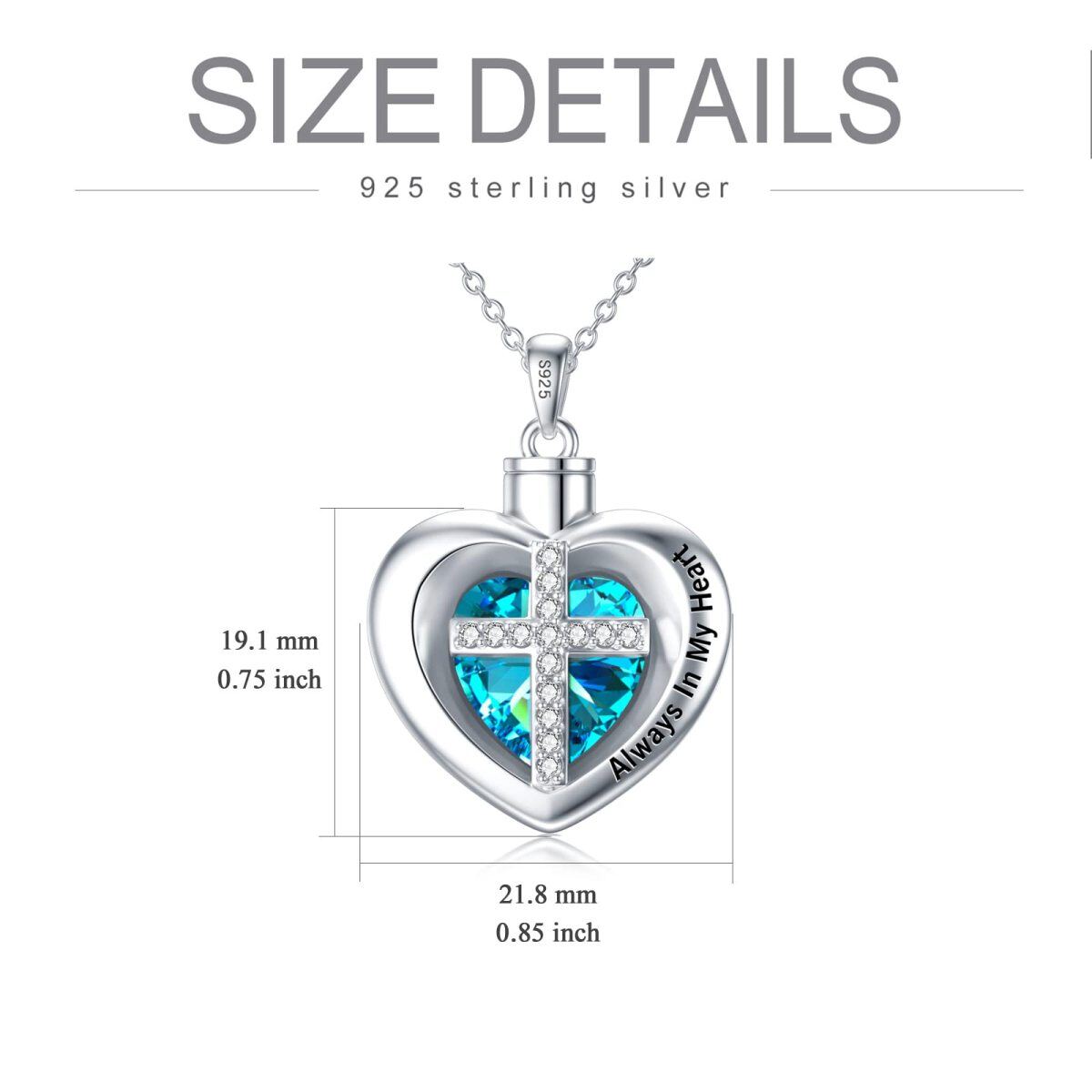 Sterling Silver Heart Shaped Crystal Cross & Heart Urn Necklace for Ashes with Engraved Word-5