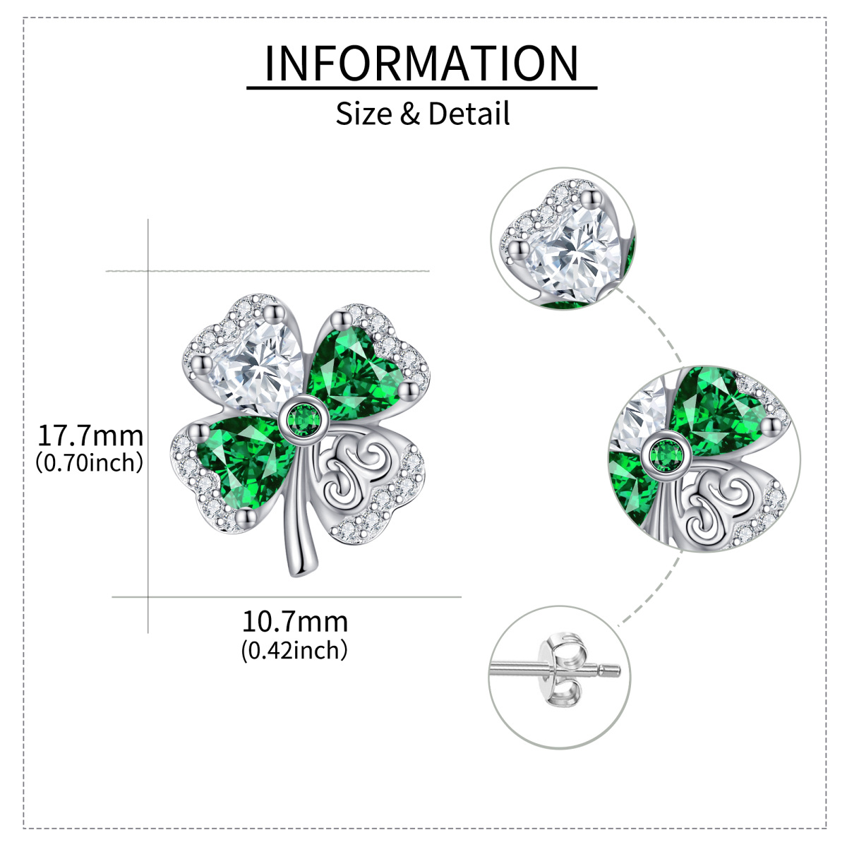 Sterling Silver Heart Shaped Cubic Zirconia Four Leaf Clover Stud Earrings-5