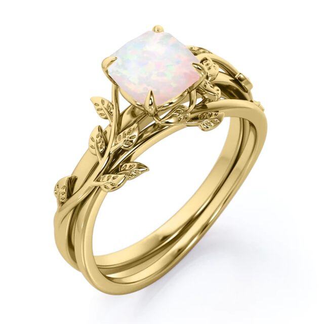 Sterling Silver with Yellow Gold Plated Cushion Shape Opal Leaves Engagement Ring-4