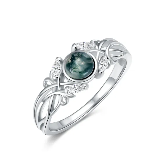 Sterling Silver Moss Agate Filament Engagement Ring