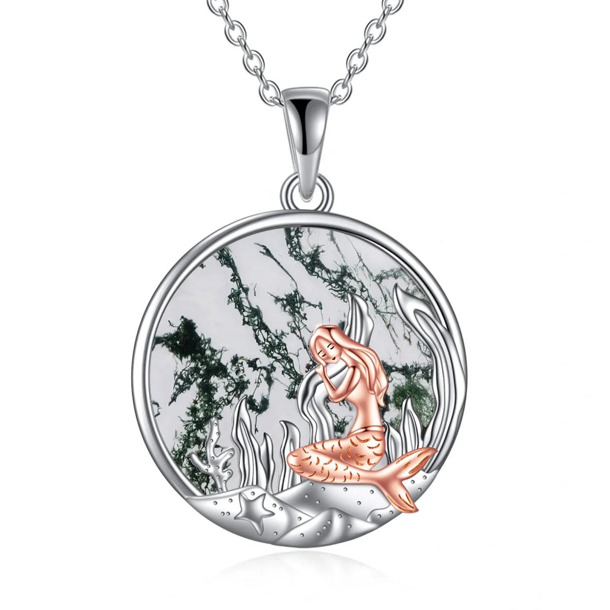 Sterling Silver Circular Shaped Moss Agate Mermaid Tail Pendant Necklace-1