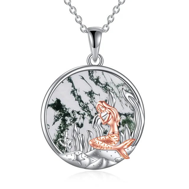 Sterling Silver Circular Shaped Moss Agate Mermaid Tail Pendant Necklace-0