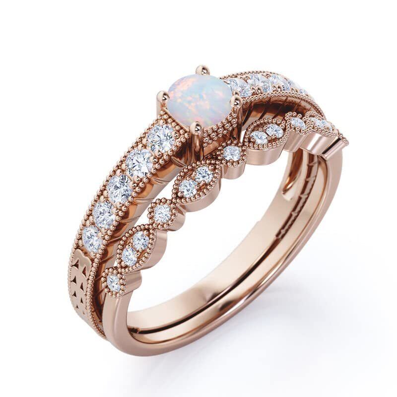 Sterling Silver with Rose Gold Plated Round Opal Personalized Engraving & Round Wedding Ring-8