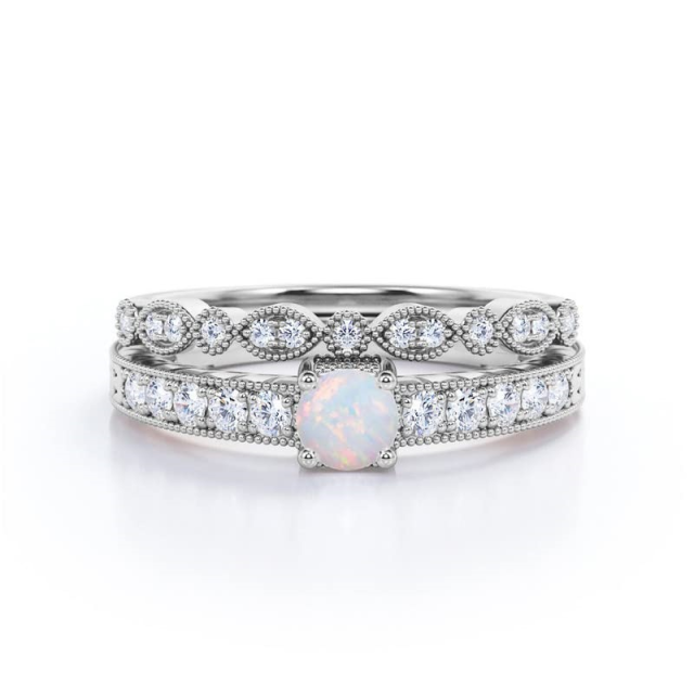 Sterling Silver with Rose Gold Plated Round Opal Personalized Engraving & Round Wedding Ring-4