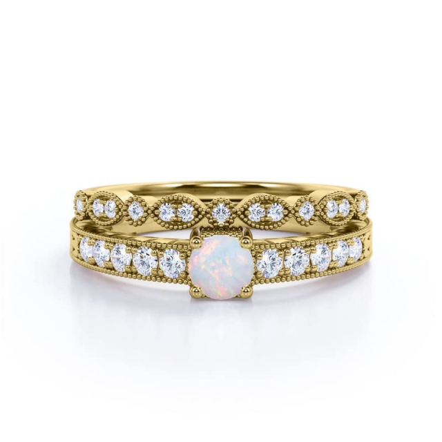 Sterling Silver with Rose Gold Plated Round Opal Personalized Engraving & Round Wedding Ring-2