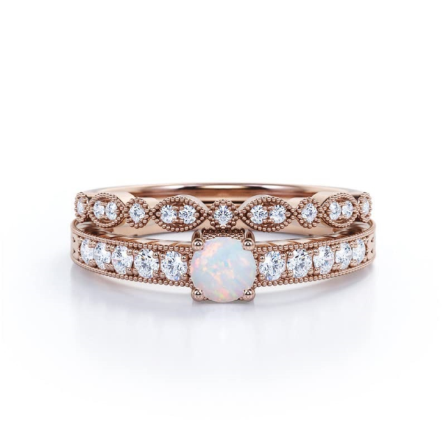 Sterling Silver with Rose Gold Plated Round Opal Personalized Engraving & Round Wedding Ring-6
