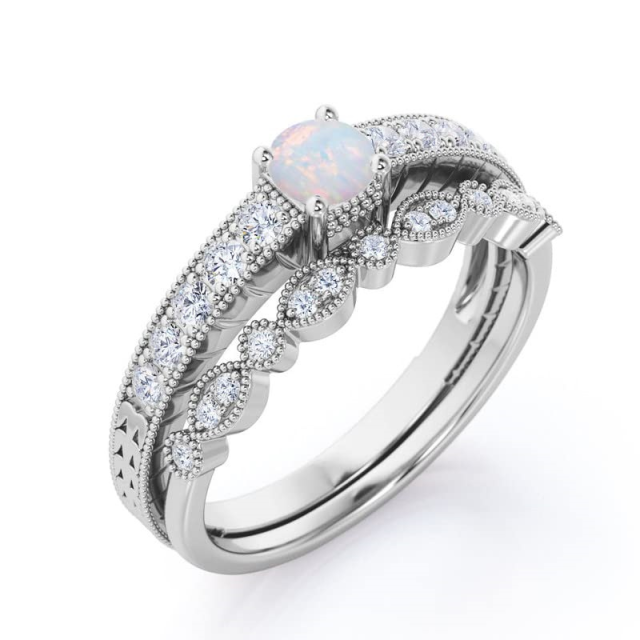 Sterling Silver with Rose Gold Plated Round Opal Personalized Engraving & Round Wedding Ring-5