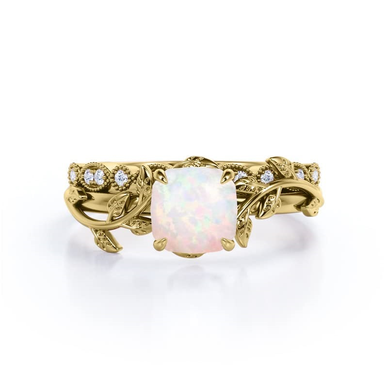 Bague de mariage en argent sterling avec feuilles d'opale plaquées or rose en forme de coussin-3