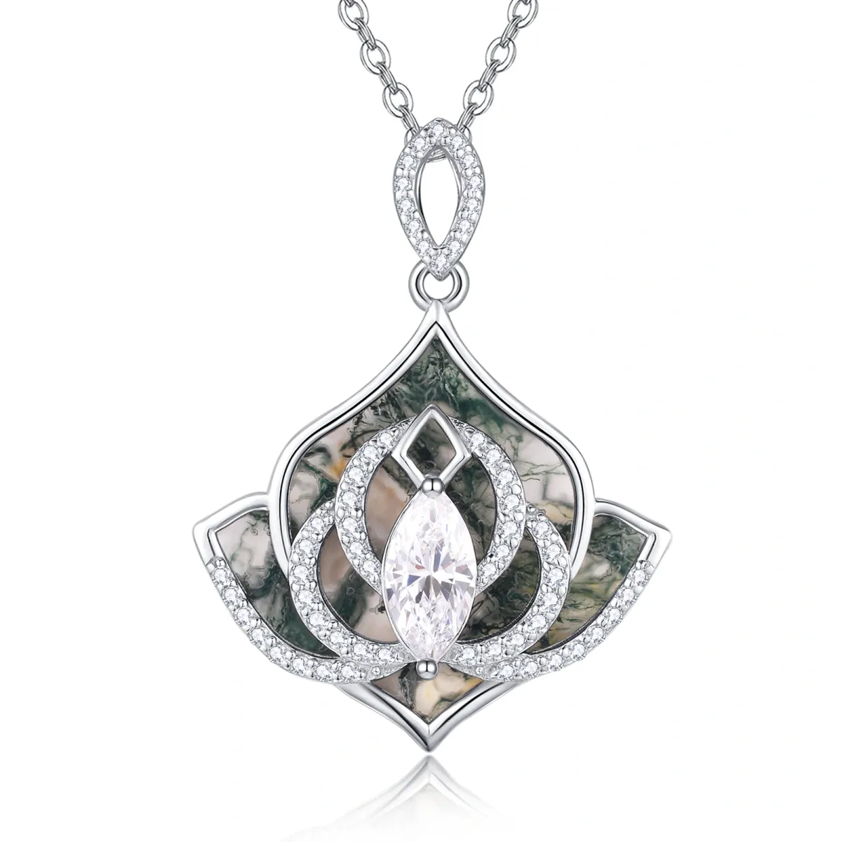 Collier pendentif lotus en agate mousse en argent sterling-1