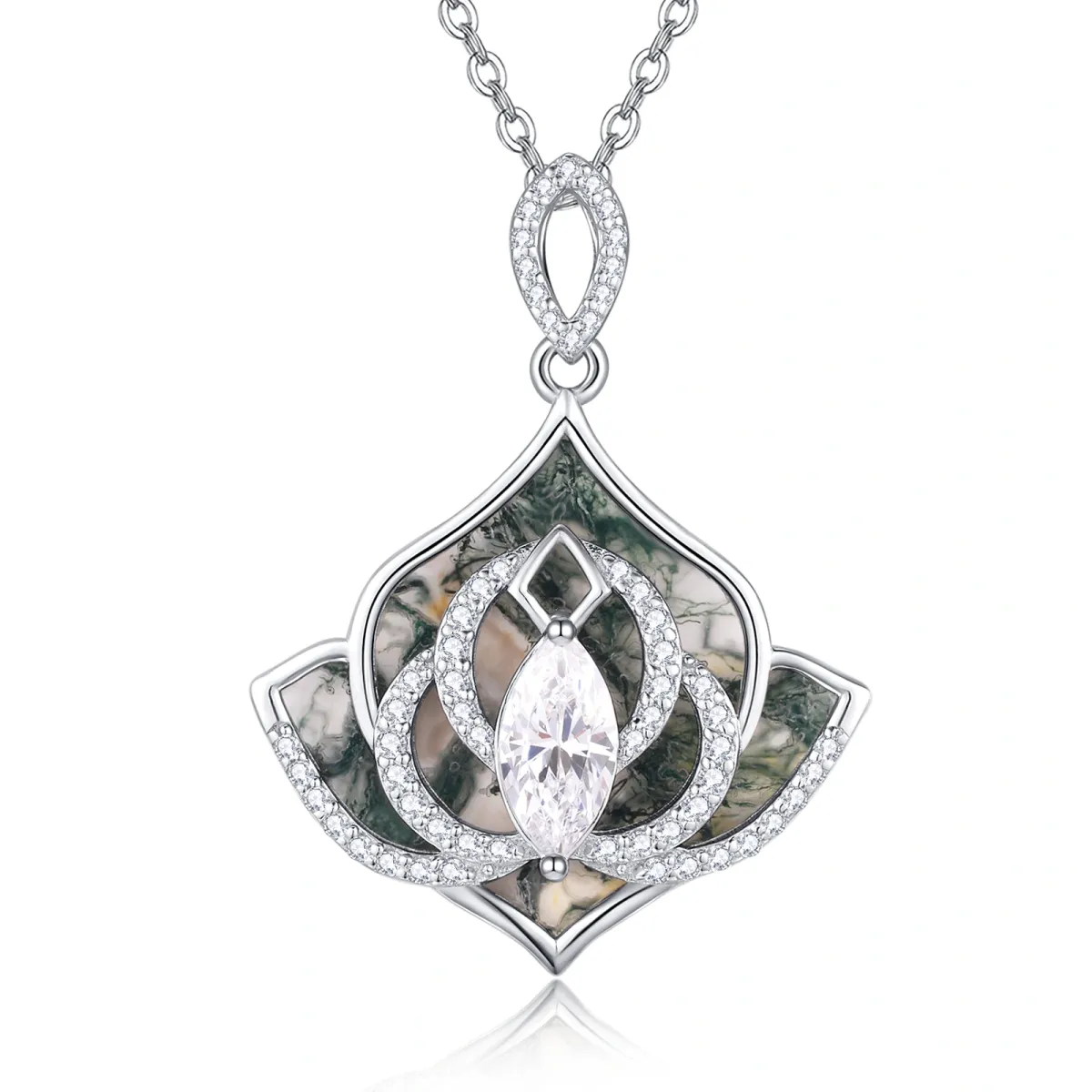 Halskette mit Lotus-Anhänger aus Sterlingsilber mit Moosachat-1