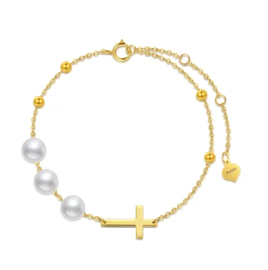 14K Gold Circular Shaped Pearl Cross Pendant Bracelet