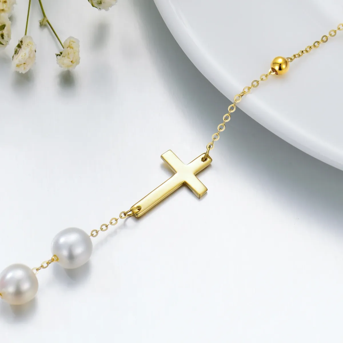 14K Gold Circular Shaped Pearl Cross Pendant Bracelet-3