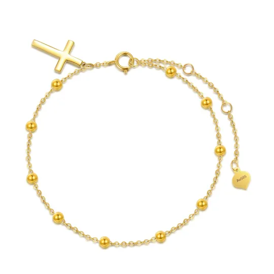 14K Gold Cross Pendant Bracelet with Solid Gold Bead Station Chain
