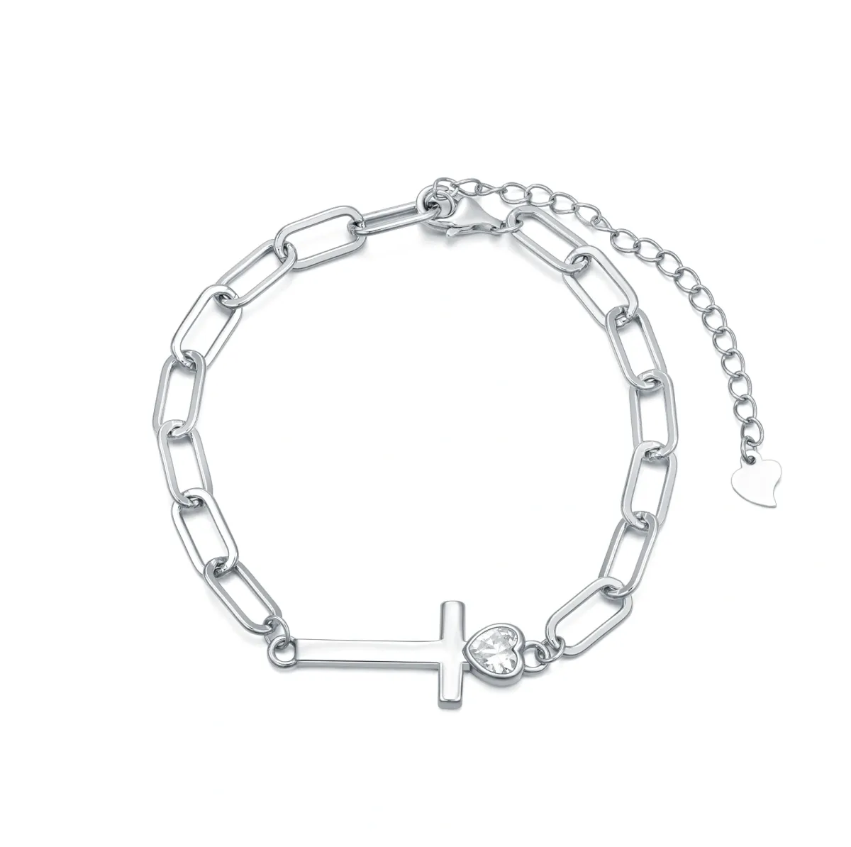 Sterling Silver Cubic Zirconia Cross & Heart Paperclip Chain Bracelet-1