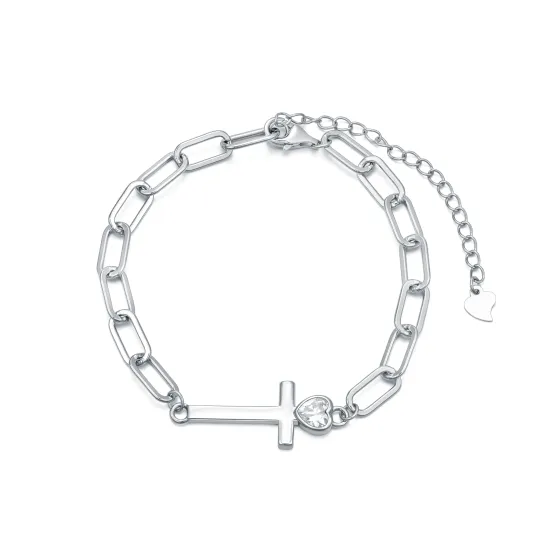 Sterling Silver Cubic Zirconia Cross & Heart Paperclip Chain Bracelet