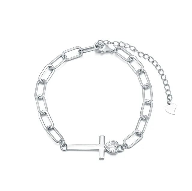 Sterling Silver Cubic Zirconia Cross & Heart Paperclip Chain Bracelet-0