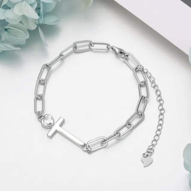 Sterling Silver Cubic Zirconia Cross & Heart Paperclip Chain Bracelet-2