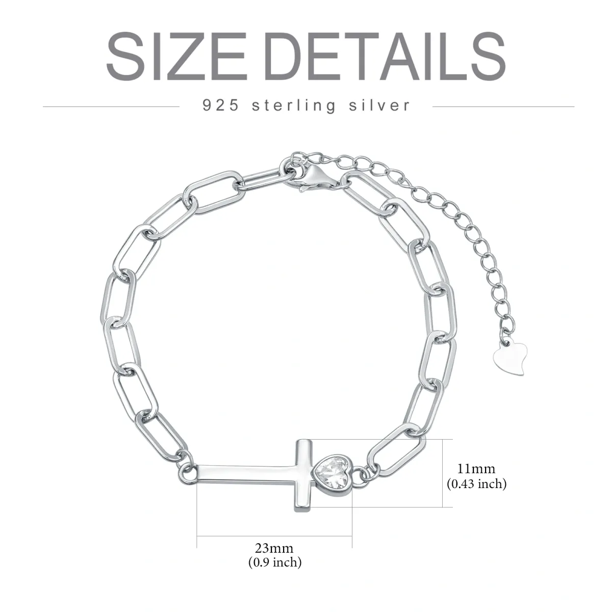 Sterling Silver Cubic Zirconia Cross & Heart Paperclip Chain Bracelet-4