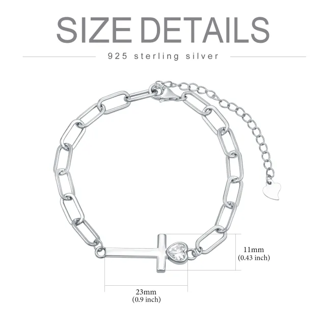 Sterling Silver Cubic Zirconia Cross & Heart Paperclip Chain Bracelet-3