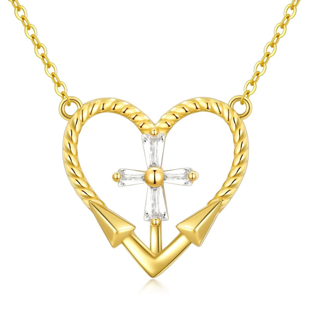 14K Gold Cubic Zirconia Cross & Heart Pendant Necklace-1