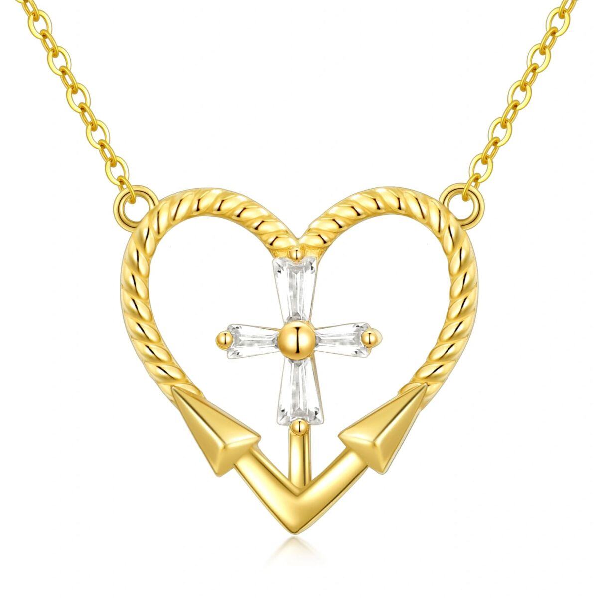 14K Gold Cubic Zirkonia Kreuz & Herz Anhänger Halskette-1