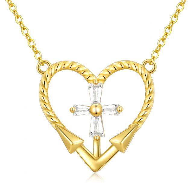 14K Gold Cubic Zirkonia Kreuz & Herz Anhänger Halskette-0