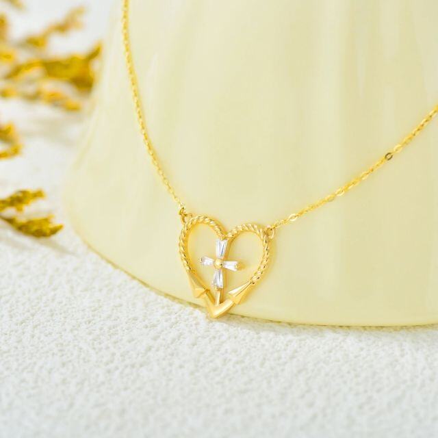 14K Oro Cúbico Zirconia Cruz y Corazón Collar Colgante-2