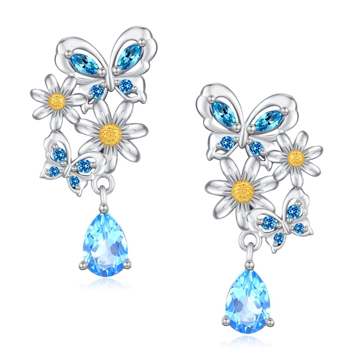 Sterling Silver Circular Shaped & Marquise Shaped Cubic Zirconia Butterfly Drop Earrings-1