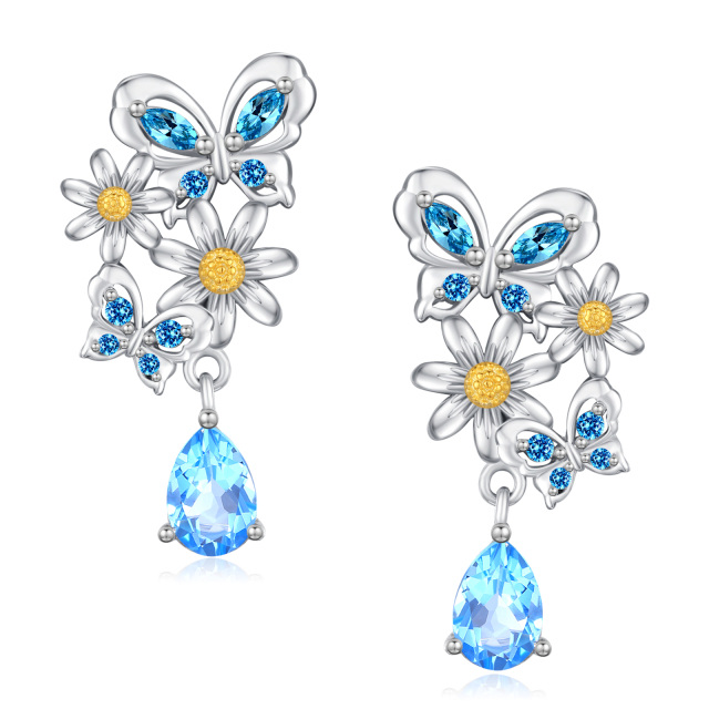 Sterling Silver Circular Shaped & Marquise Shaped Cubic Zirconia Butterfly Drop Earrings-0