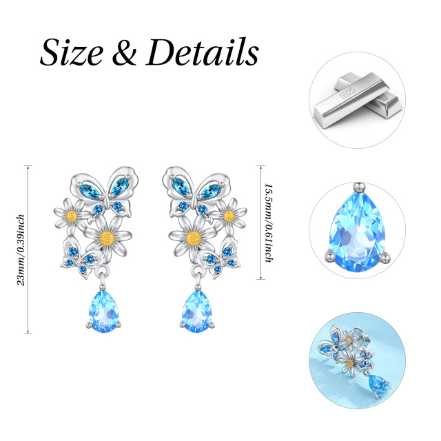 Sterling Silver Circular Shaped & Marquise Shaped Cubic Zirconia Butterfly Drop Earrings-4