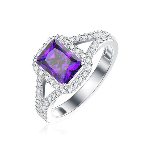 Sterling Silver Princess-square Shaped Amethyst & Round Cubic Zirconia Engagement Ring-1