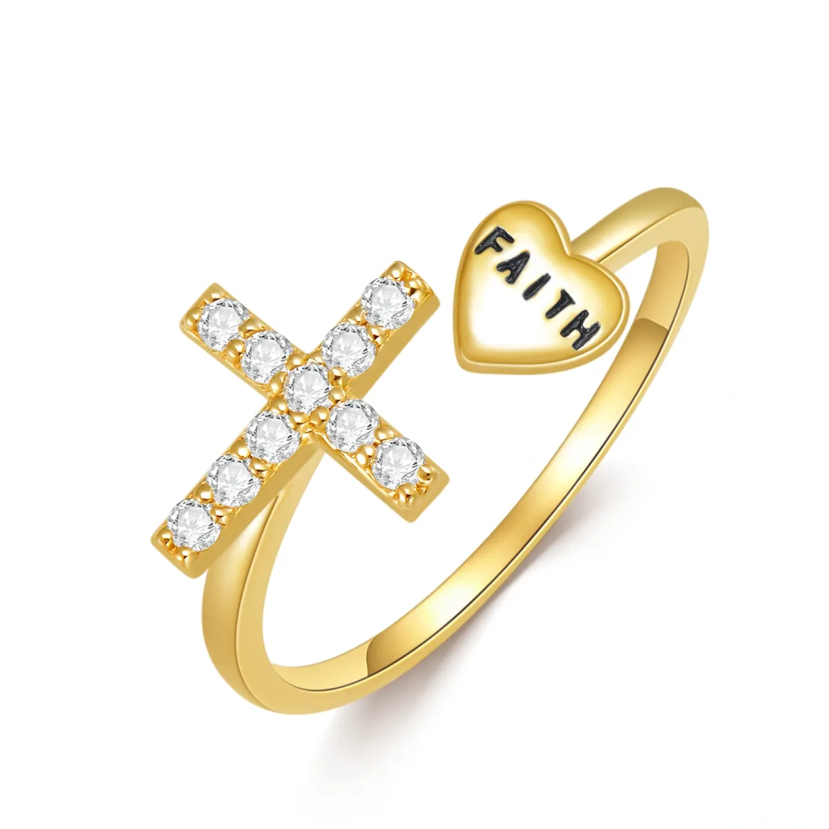 14K Gold Cubic Zirconia Cross & Heart Open Ring with Engraved Word-1