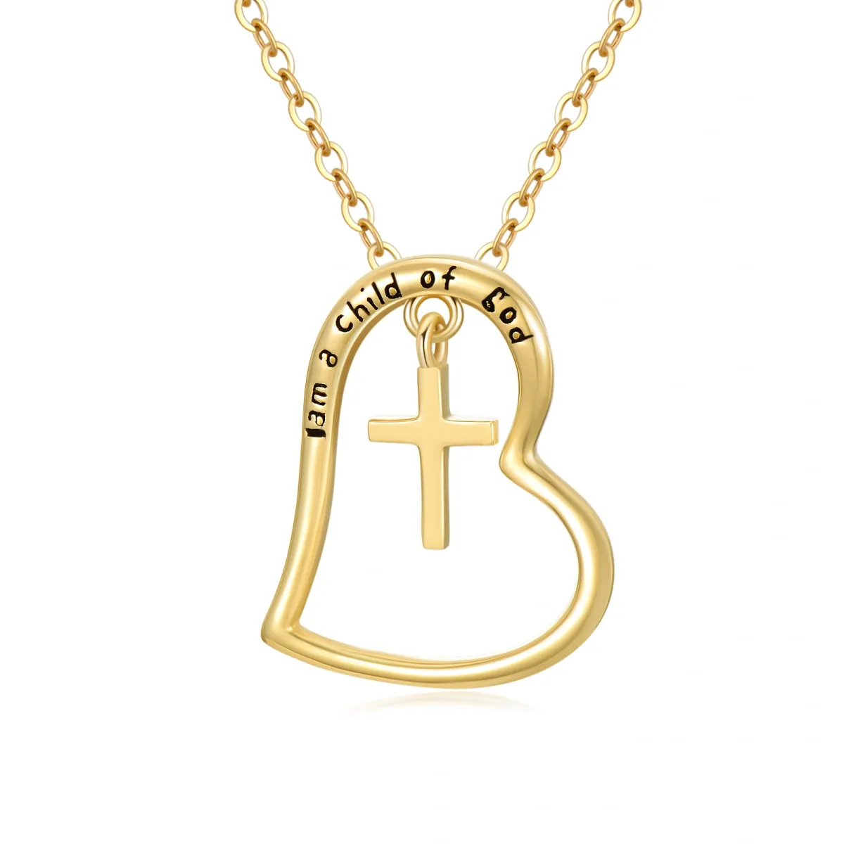 14K Gold Cross & Heart Pendant Necklace with Engraved Word-1