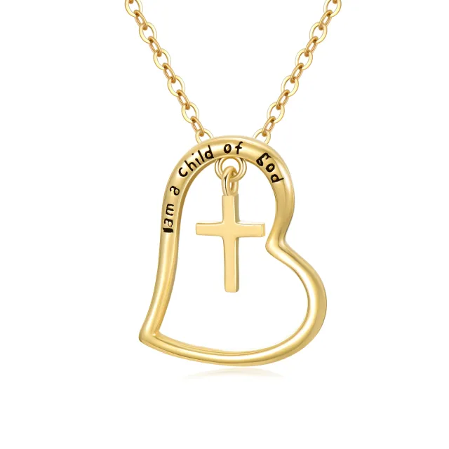 14K Gold Cross & Heart Pendant Necklace with Engraved Word-0