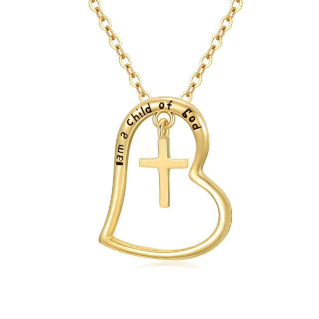 Collier à pendentif croix et cœur en or 14K avec mot gravé-0