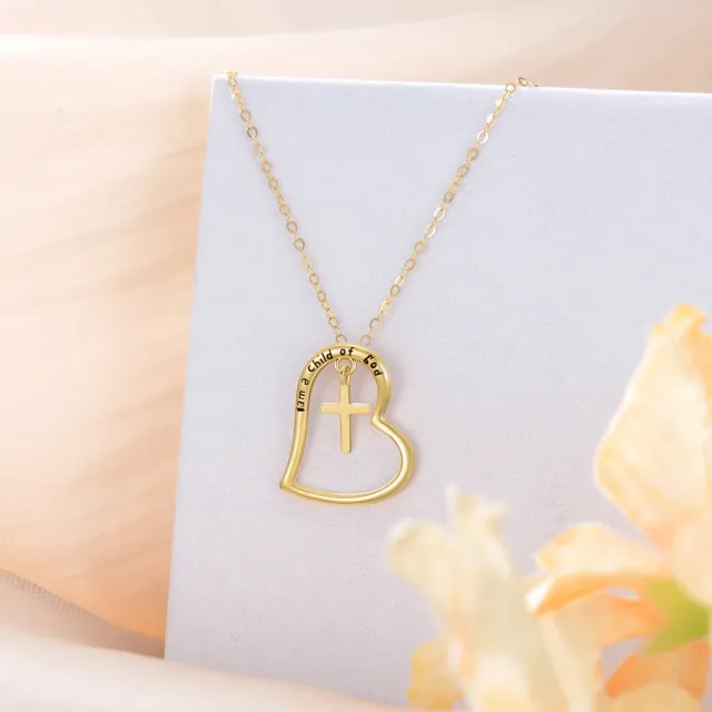14K Gold Cross & Heart Pendant Necklace with Engraved Word-3