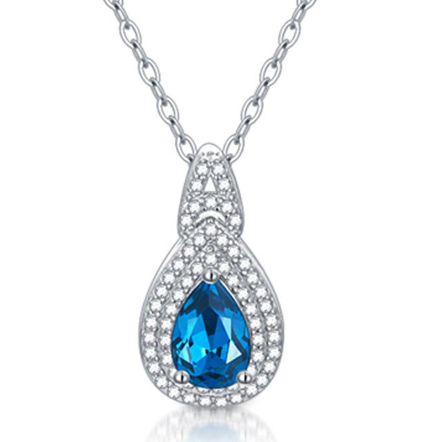 Sterling Silver Circular Shaped & Pear Shaped Cubic Zirconia & Topaz Drop Shape Pendant Necklace-0
