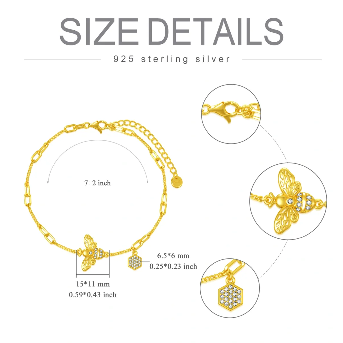 Sterling Silver with Yellow Gold Plated Zircon Bees Pendant Bracelet-6