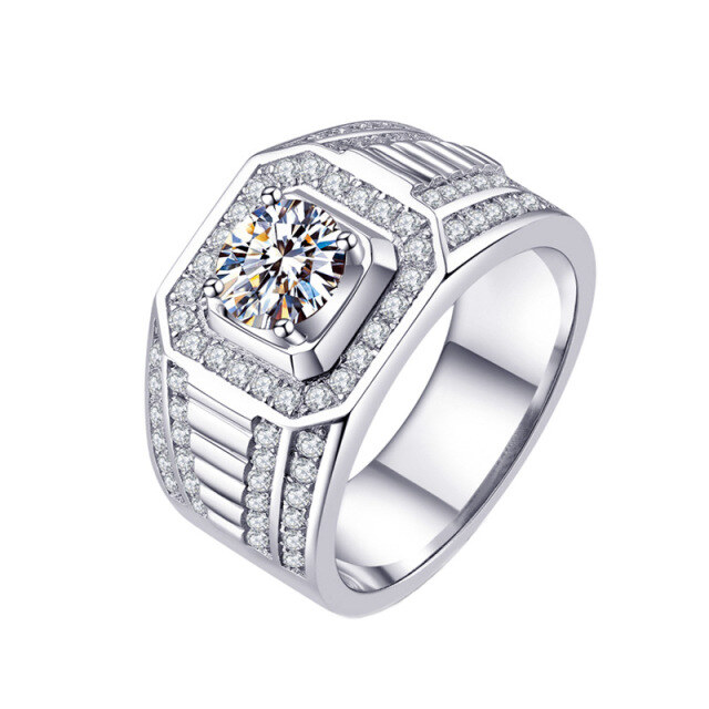 Bague de fiançailles moissanite de forme circulaire en argent sterling pour hommes-1