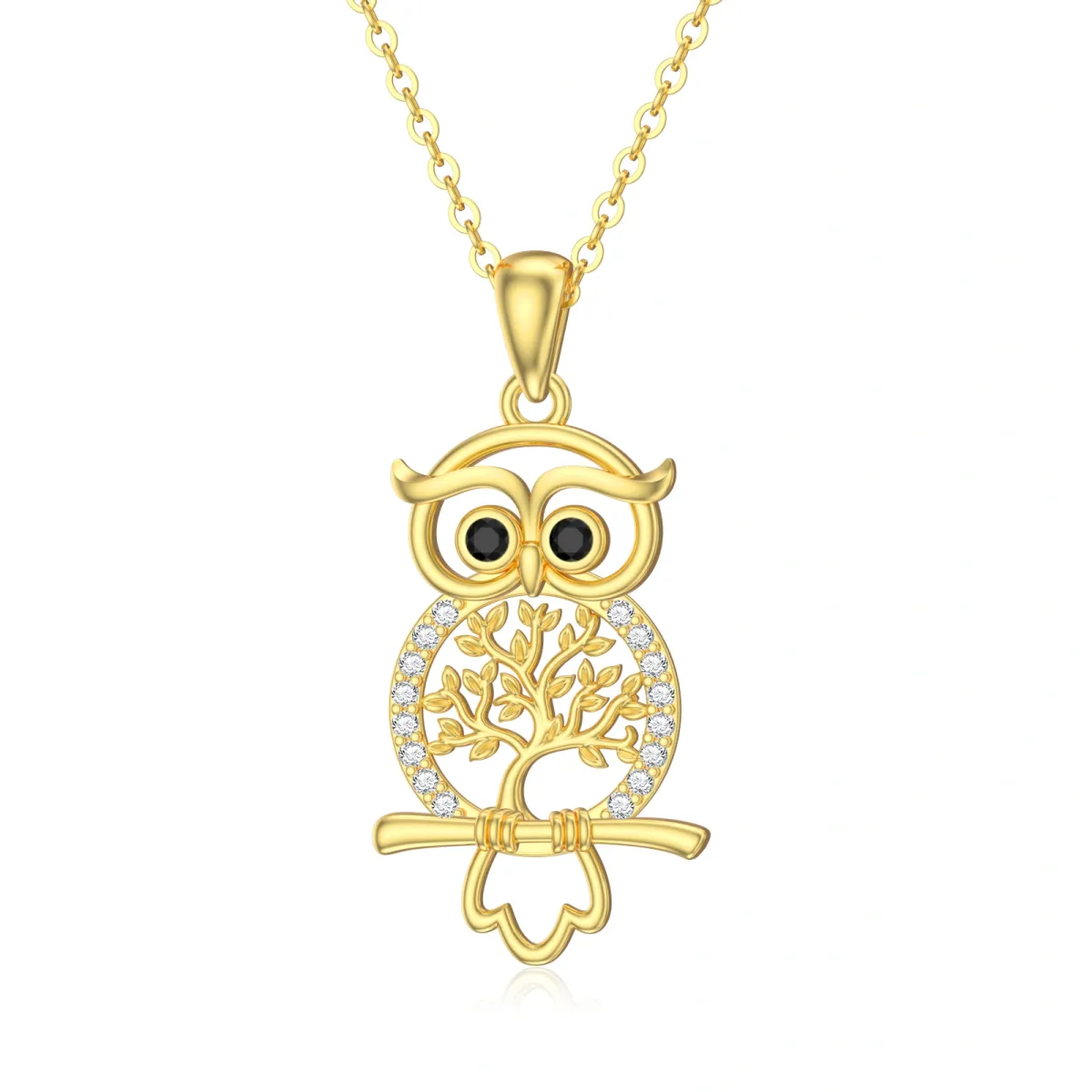 14K Gold Cubic Zirconia Owl on Tree Of Life Pendant Necklace-1