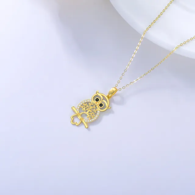 14K Gold Cubic Zirconia Owl on Tree Of Life Pendant Necklace-2