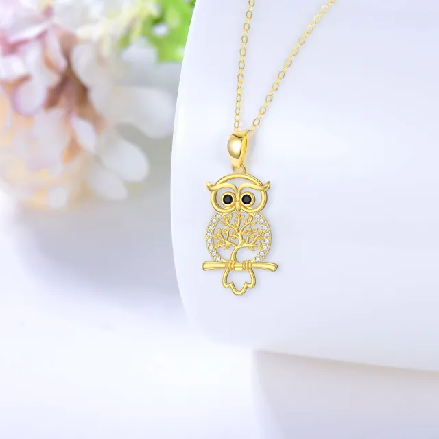 14K Gold Cubic Zirconia Owl on Tree Of Life Pendant Necklace-3