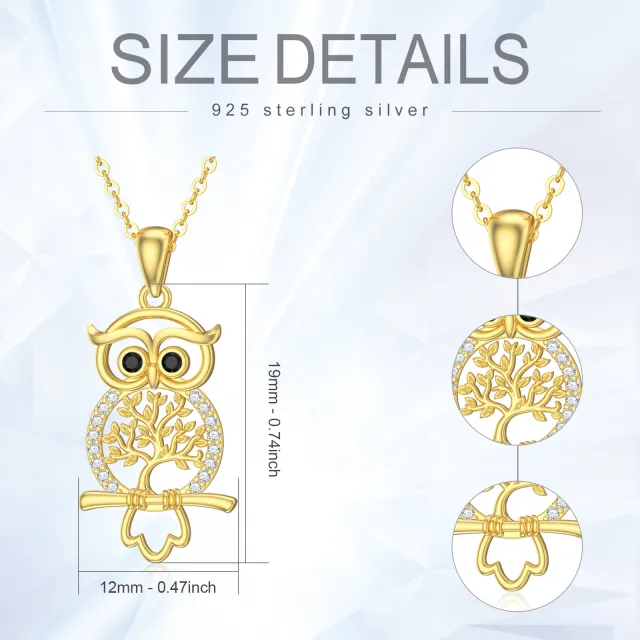 14K Gold Cubic Zirconia Owl on Tree Of Life Pendant Necklace-4