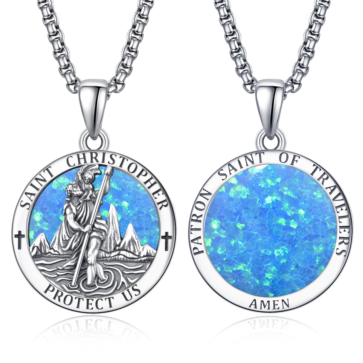 Sterling Silber Opal Saint Christopher Anhänger Halskette mit eingraviertem Wort für Männe-1