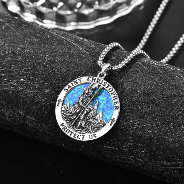 Sterling Silver Opal Saint Christopher Pendant Necklace with Engraved Word for Men-2