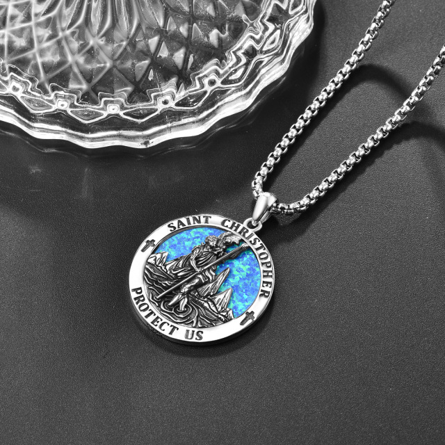 Sterling Silver Opal Saint Christopher Pendant Necklace with Engraved Word for Men-3
